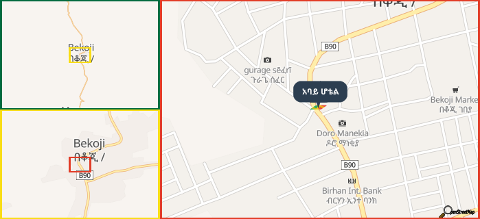 Map showing the address of አባይ ሆቴል in three different zoom levels.