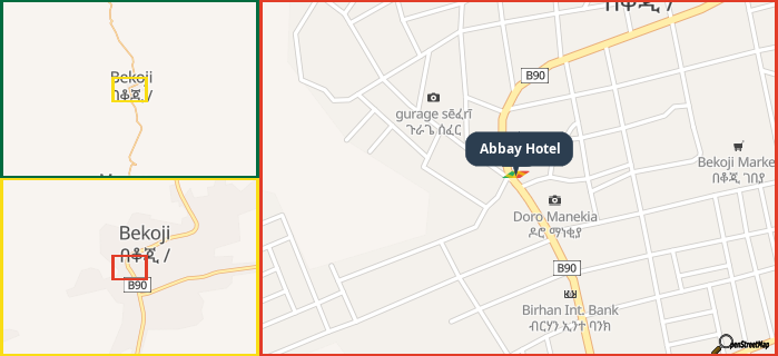 Map showing the address of Abbay Hotel in three different zoom levels.