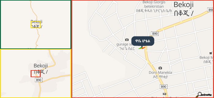 Map showing the address of ዋቤ ሆቴል in three different zoom levels.