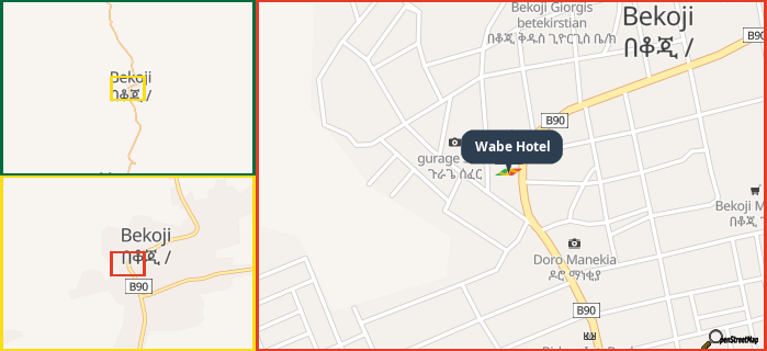 Map showing the address of Wabe Hotel in three different zoom levels.