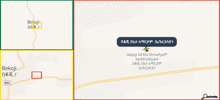Map showing the address of በቆጂ በአታ ለማርያም  ቤ/ክርስትያን in three different zoom levels.