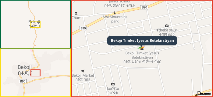 Map showing the address of Bekoji Timket Iyesus Betekirstiyan in three different zoom levels.