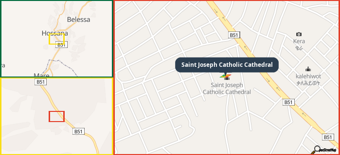 Map showing the address of Saint Joseph Catholic Cathedral in three different zoom levels.