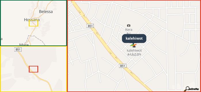 Map showing the address of kalehiwot in three different zoom levels.