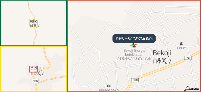 Map showing the address of በቆጂ ቅዱስ ጊዮርጊስ ቤ/ክ in three different zoom levels.