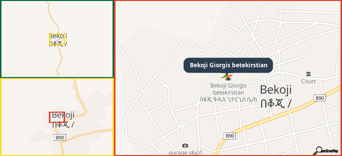Map showing the address of Bekoji Giorgis betekirstian in three different zoom levels.
