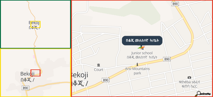 Map showing the address of በቆጂ መለስተኛ  ት/ቤት in three different zoom levels.