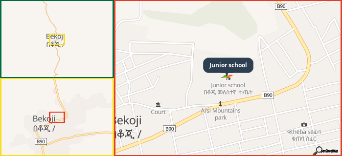Map showing the address of Junior school in three different zoom levels.