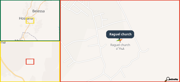 Map showing the address of Raguel church in three different zoom levels.
