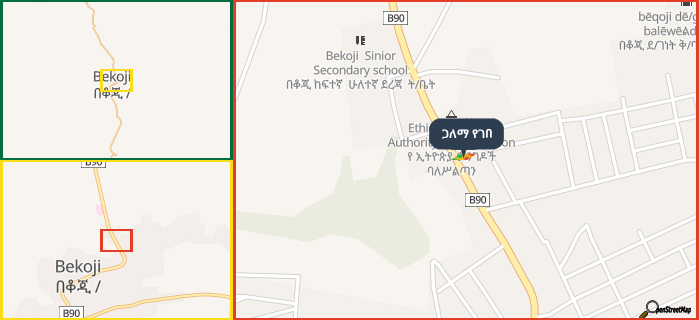 Map showing the address of ጋለማ የገበ in three different zoom levels.
