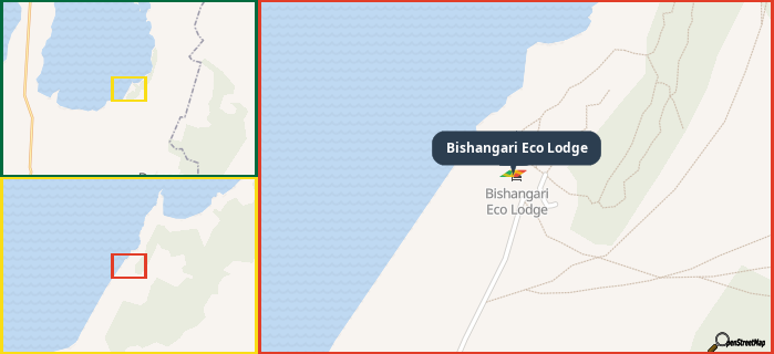Map showing the address of Bishangari Eco Lodge in three different zoom levels.