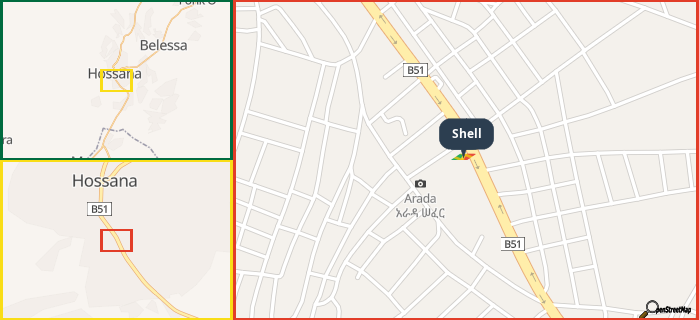 Map showing the address of Shell in three different zoom levels.