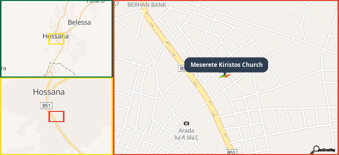 Map showing the address of Meserete Kiristos Church in three different zoom levels.