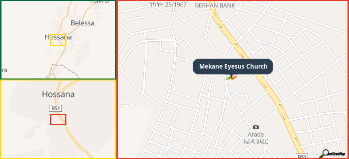 Map showing the address of Mekane Eyesus Church in three different zoom levels.