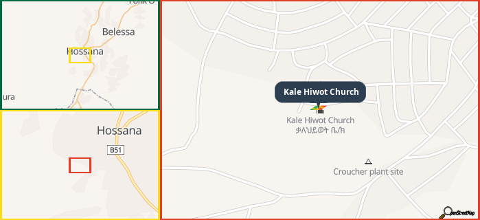 Map showing the address of Kale Hiwot Church in three different zoom levels.