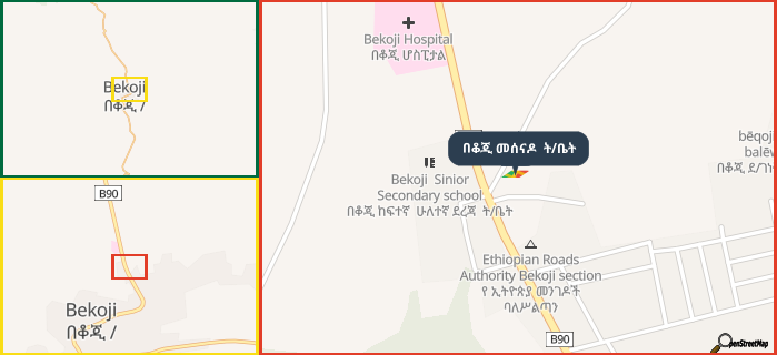 Map showing the address of በቆጂ መሰናዶ  ት/ቤት in three different zoom levels.