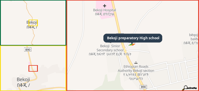 Map showing the address of Bekoji preparatory High school in three different zoom levels.