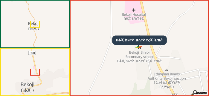Map showing the address of በቆጂ ከፍተኛ  ሁለተኛ ደረጃ  ት/ቤት in three different zoom levels.