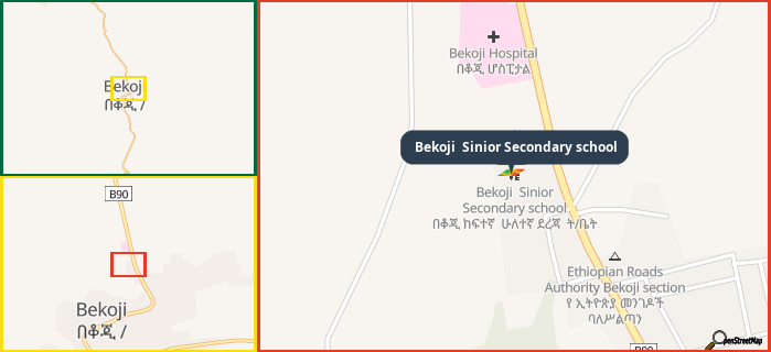 Map showing the address of Bekoji  Sinior Secondary school in three different zoom levels.