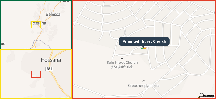 Map showing the address of Amanuel Hibret Church in three different zoom levels.