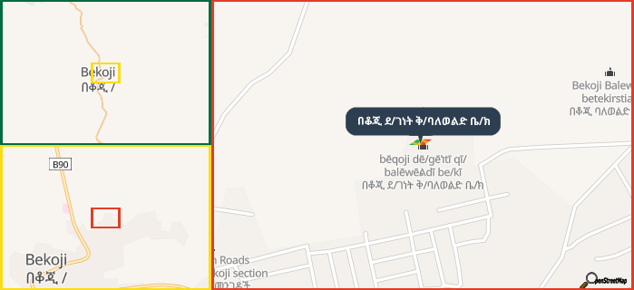 Map showing the address of በቆጂ ደ/ገነት ቅ/ባለወልድ ቤ/ክ in three different zoom levels.