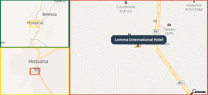 Map showing the address of Lemma International Hotel in three different zoom levels.