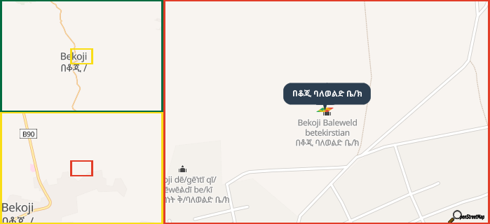 Map showing the address of በቆጂ ባለወልድ ቤ/ክ in three different zoom levels.