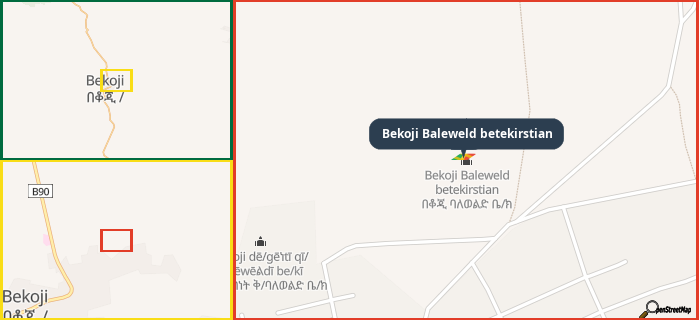 Map showing the address of Bekoji Baleweld betekirstian in three different zoom levels.