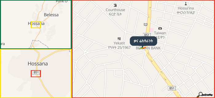 Map showing the address of ቃና ሬስቶራንት in three different zoom levels.