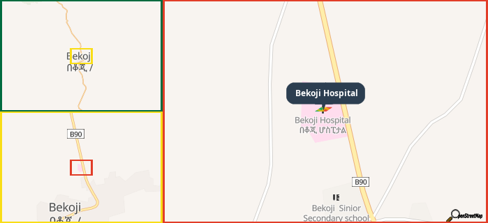 Map showing the address of Bekoji Hospital in three different zoom levels.