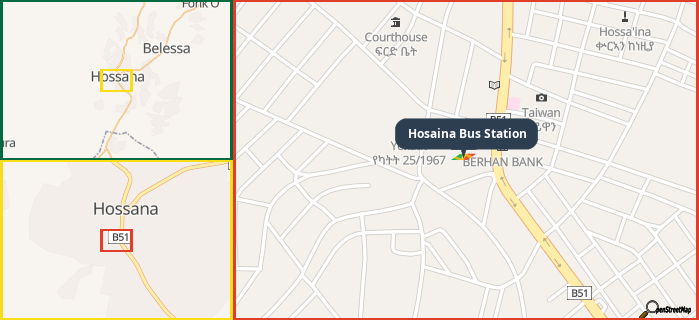 Map showing the address of Hosaina Bus Station in three different zoom levels.