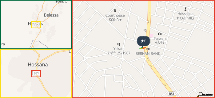 Map showing the address of ቃና in three different zoom levels.
