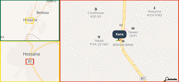 Map showing the address of Kana in three different zoom levels.