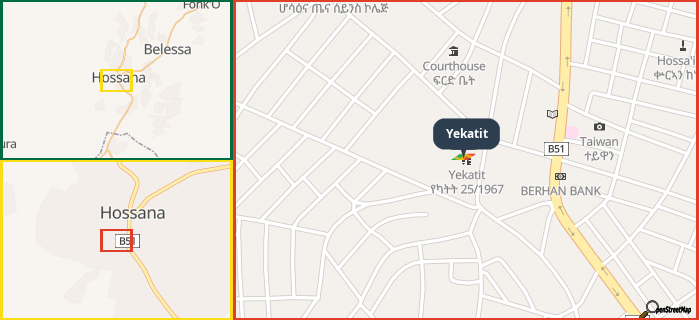 Map showing the address of Yekatit in three different zoom levels.