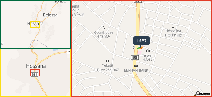 Map showing the address of ተይዋን in three different zoom levels.