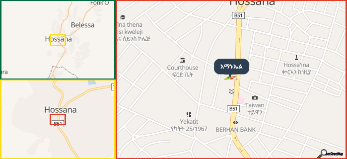 Map showing the address of አማኑኤል in three different zoom levels.
