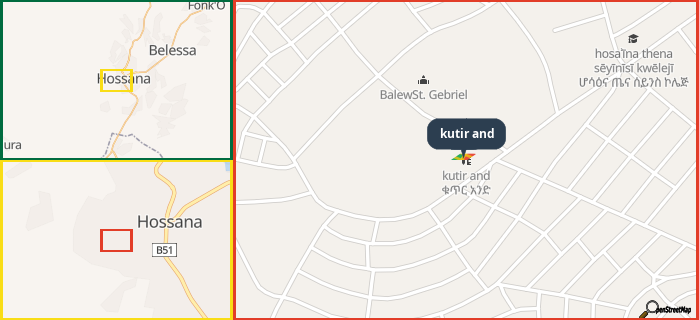 Map showing the address of kutir and in three different zoom levels.