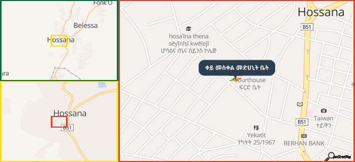Map showing the address of ቀይ መስቀል መድሀኒት ቤት in three different zoom levels.