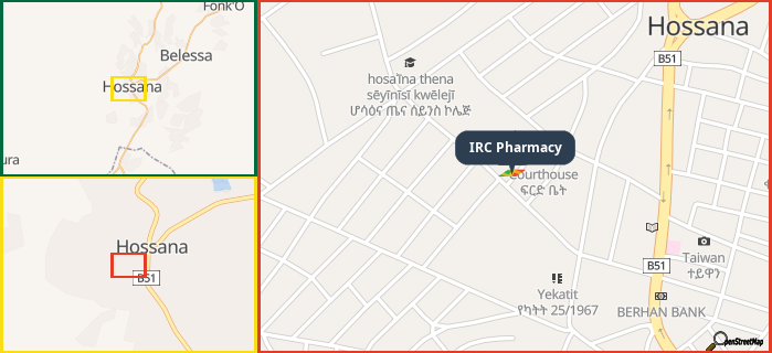 Map showing the address of IRC Pharmacy in three different zoom levels.