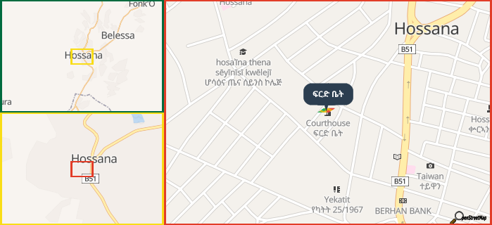 Map showing the address of ፍርድ ቤት in three different zoom levels.