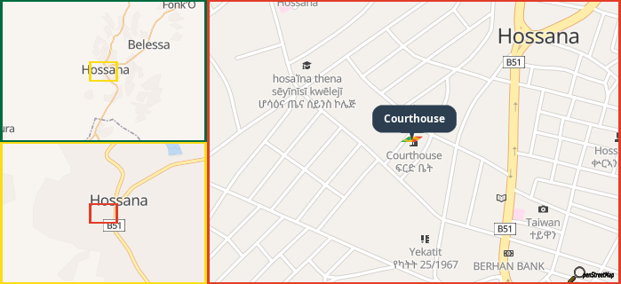 Map showing the address of Courthouse in three different zoom levels.