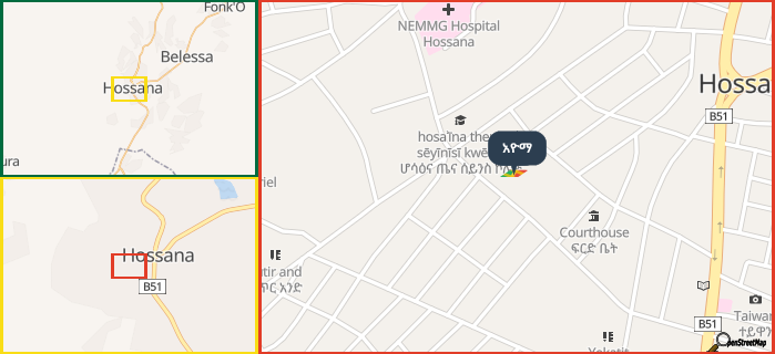 Map showing the address of አዮማ in three different zoom levels.