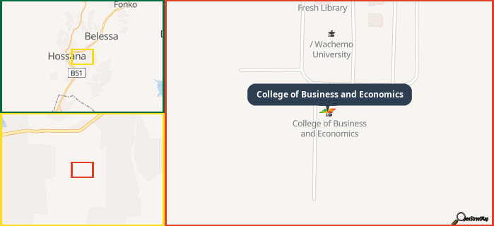 Map showing the address of College of Business and Economics in three different zoom levels.