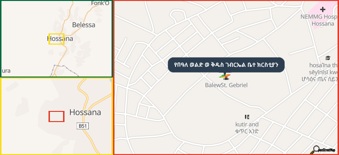 Map showing the address of የበዓለ ወልድ ወ ቅዱስ ገብርኤል ቤተ ክርስቲያን in three different zoom levels.