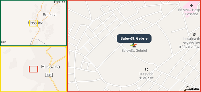 Map showing the address of BalewSt. Gebriel in three different zoom levels.