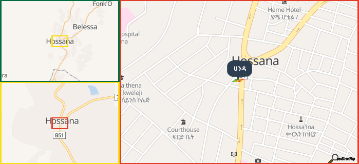 Map showing the address of ሀንዳ in three different zoom levels.