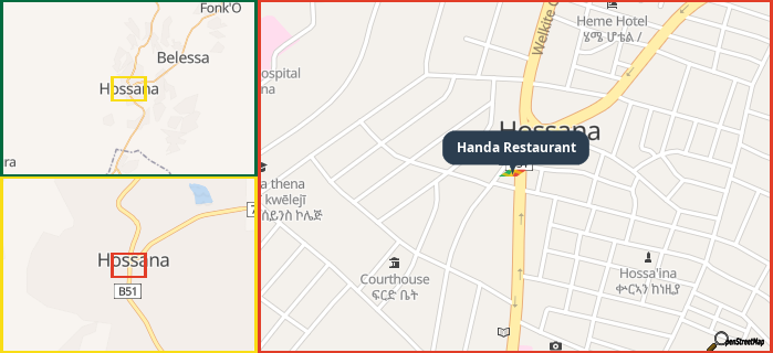 Map showing the address of Handa Restaurant in three different zoom levels.