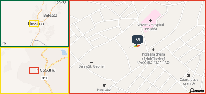 Map showing the address of አባ in three different zoom levels.
