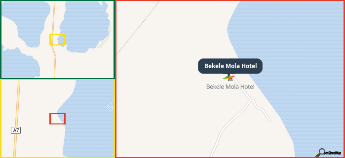 Map showing the address of Bekele Mola Hotel in three different zoom levels.