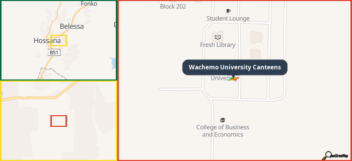 Map showing the address of Wachemo University Canteens in three different zoom levels.